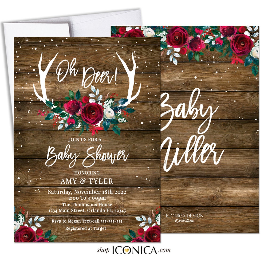 Oh deer Baby shower Invitation, Fall Party invitation any age, Fall Leaves Invite, Fall Dinner party Invite Roses Christmas Invitation