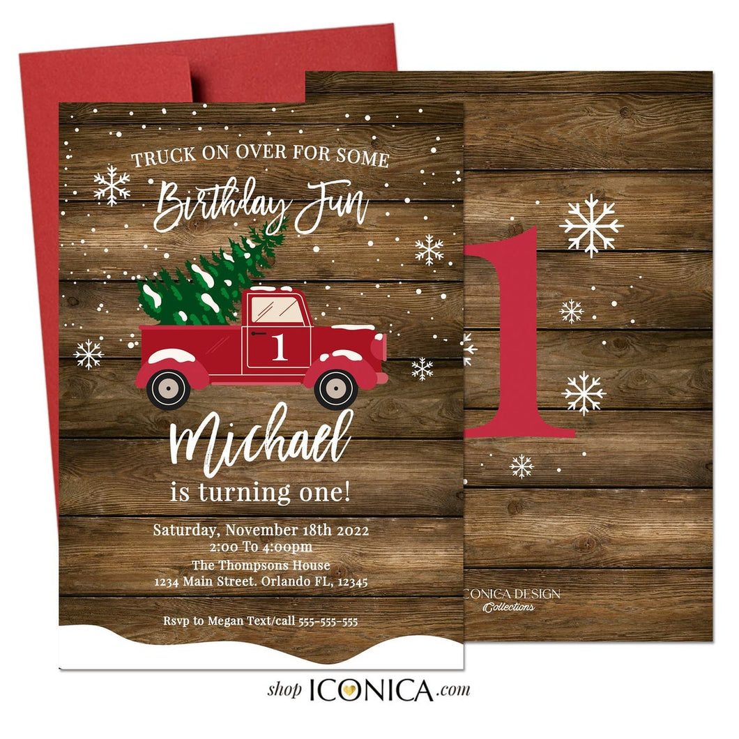 Christmas Birthday Invitation Red Truck Rustic party Winter Party Card Christmas Party invitation any age, Christmas Invite