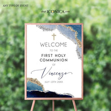 Load image into Gallery viewer, First Communion Welcome Sign Personalized | Blue Geode Sign Navy and Gold | Navy Blue First Communion Board {Geode Collection} SWFC002
