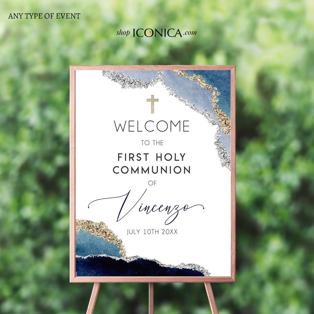 First Communion Welcome Sign Personalized | Blue Geode Sign Navy and Gold | Navy Blue First Communion Board {Geode Collection} SWFC002