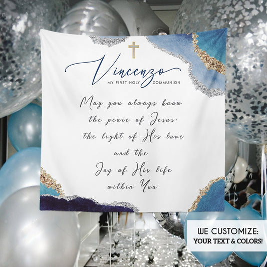 First Communion Banner Personalized, Blue Geode Backdrop Navy and Gold, Navy Blue First Communion Photo Backdrop, More Colors available