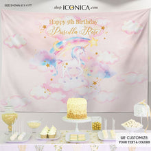 Load image into Gallery viewer, Unicorn Party Backdrop, Unicorn banner, unicorn decor, Personalized Magical Unicorn fifth Birthday, Any type of event, Unicorn Collection
