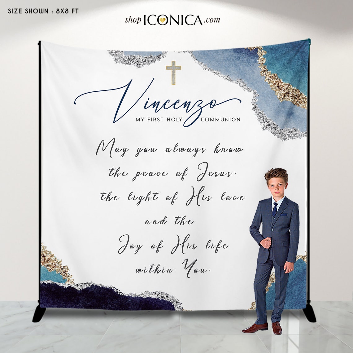 First Communion Banner Personalized, Blue Geode Backdrop Navy and Gold, Navy Blue First Communion Photo Backdrop, More Colors available
