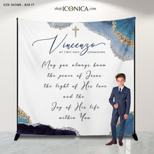 Load image into Gallery viewer, First Communion Banner Personalized, Blue Geode Backdrop Navy and Gold, Navy Blue First Communion Photo Backdrop, More Colors available
