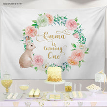 Load image into Gallery viewer, Bunny Party Backdrop, Some Bunny is One decor, Easter Bunny Decor, Spring Parties, Personalized First Birthday Decor, Any type of event IBD0055
