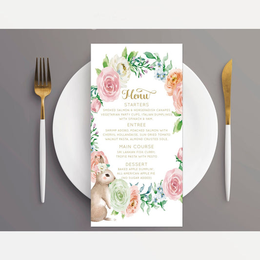 Menu Card 9.25 x 4 Printed Menu Easter Bunny Menu, Spring Parties, Floral Bunny Menu, This bunny is one decoration, Floral Bunny Decor, Eater Bunny Decor