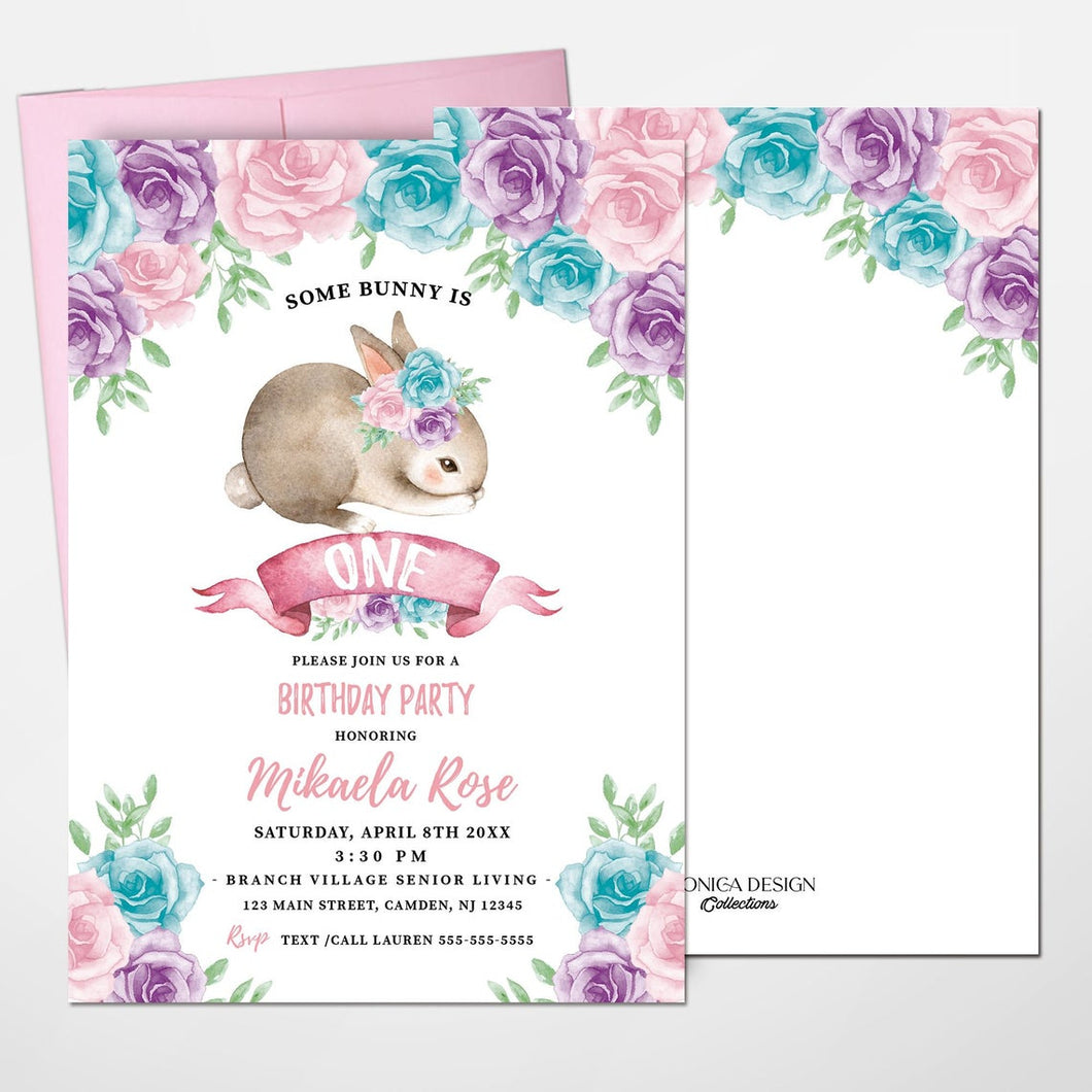 Bunny First Birthday Invitation, Bunny 1st Birthday, Floral Pink Invite, Spring Parties, Some Bunny is ONE, Printed, Elegant Floral Garland easter