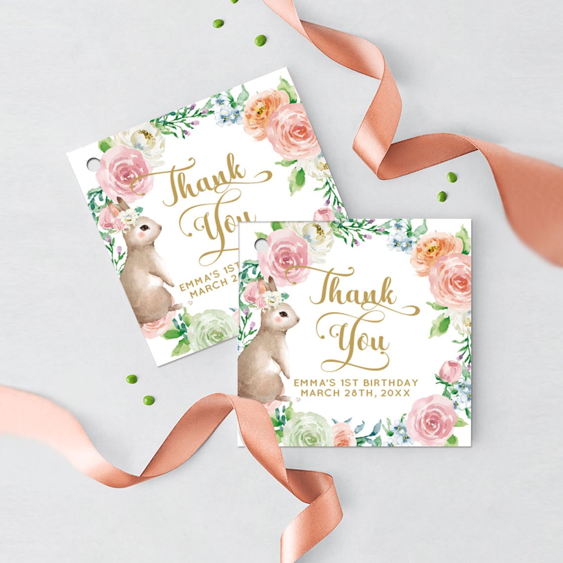Bunny First Birthday Invitation, Bunny 1st Birthday Cards , Floral Pink Invite, Spring Parties, Some Bunny is ONE, Printed, Elegant Floral Garland Easter