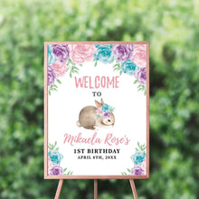Load image into Gallery viewer, Bunny First Birthday Welcome Sign, Garden Bunny 1st Birthday Sign, Spring Parties, Girls First Birthday Welcome Sign Personalized, Any Age, Easter
