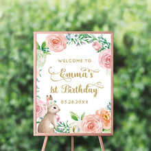 Load image into Gallery viewer, Bunny First Birthday Welcome Sign, Floral Garland 1st Birthday Sign, Spring Parties,  Girls First Birthday Welcome Sign Personalized, Any Age, Easter
