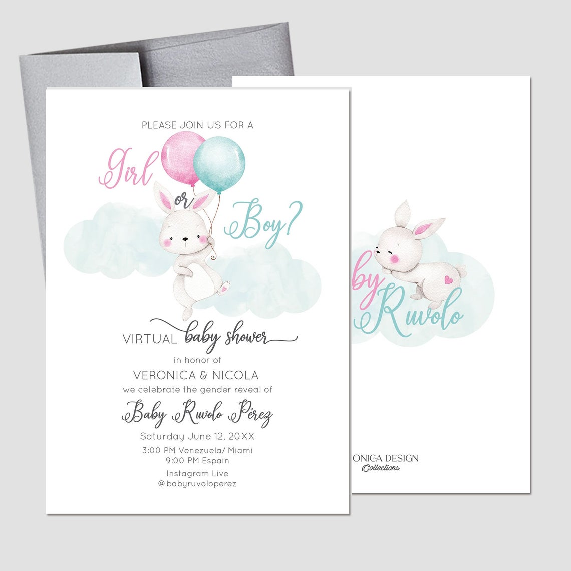 Bunny Gender Reveal Thank you Cards, Gender Reveal, Boy or Girl, Easter, Spring Parties, Bunny Boy or Girl, Favor, Thank You Cards A2 Cards thick matte paper 120#