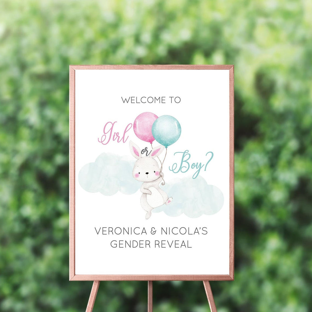 Baby Shower Bunny Gender Reveal Welcome Sign, Bunny Baby Shower Sign, Easter ,  Spring Parties, Gender Reveal Welcome Sign, Elegant Bunny, It's A boy, Personalized