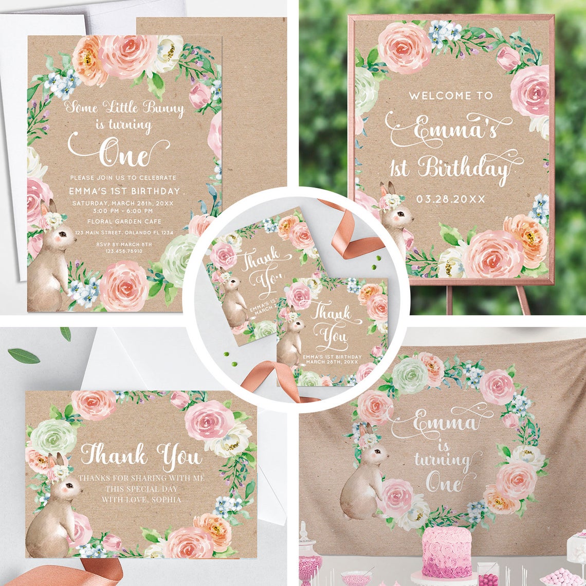Easter Bunny 1st Birthday Seating Chart Board,Some Bunny is ONE Chart, Spring Parties,   Floral Kraft, Printed Seating Chart Guest List Seating Chart Template