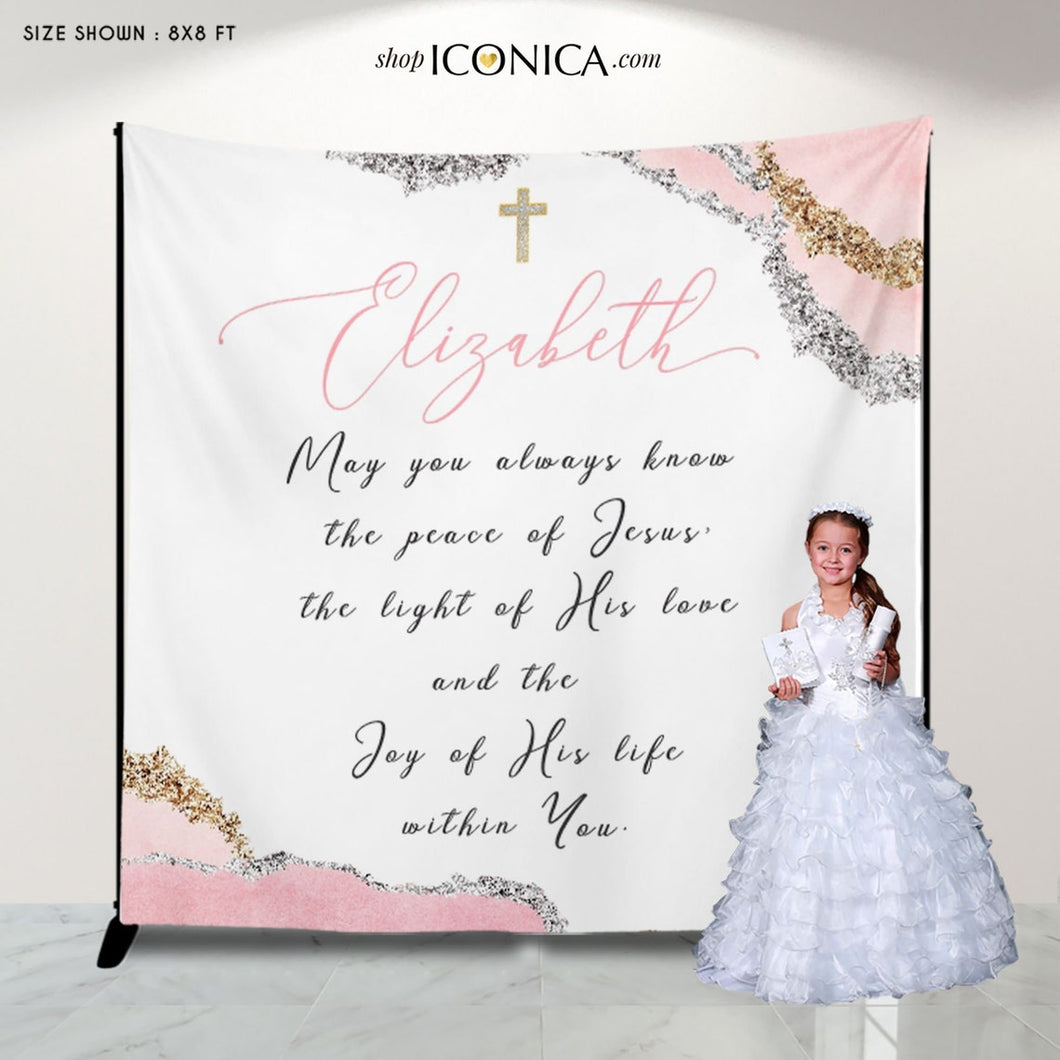 First Communion Banner Personalized | Pink Geode Backdrop First Communion| Pink First Communion Photo Backdrop | More Geode Colors available