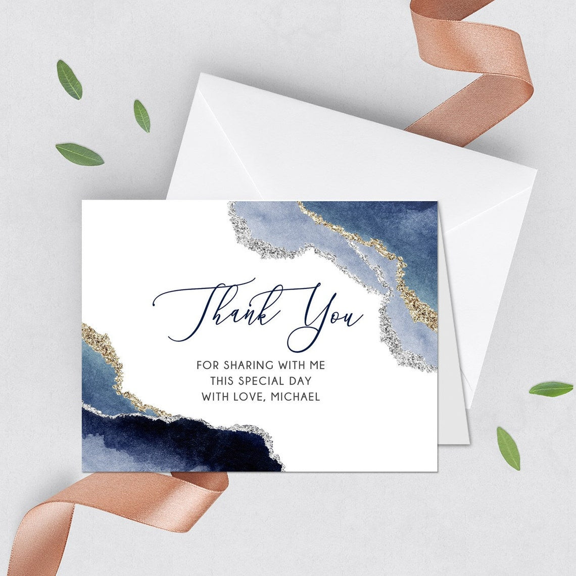 Geode Navy Blue Menu Card 9.25 x 4 Printed Menus, Elegant Menu Stationery, Boy or Girl Geode, Blue Watercolor Geode Menu