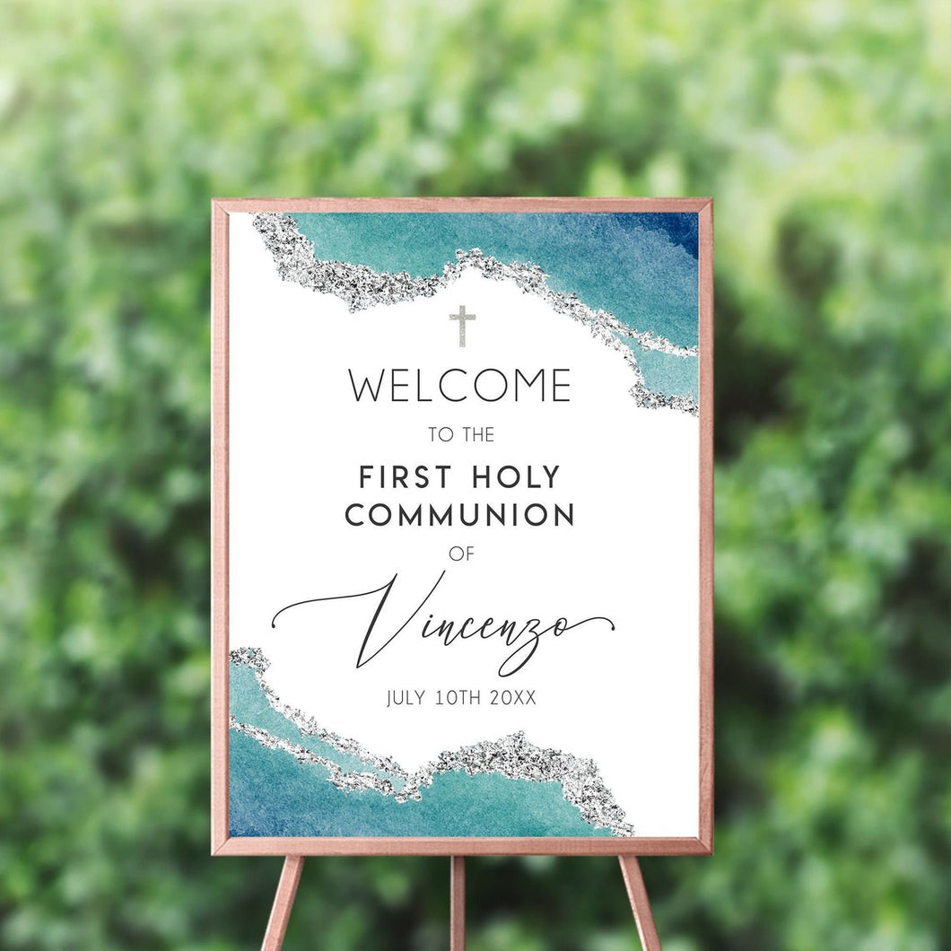 First Communion Welcome Sign Personalized | Teal Geode Sign Teal and Gold | Teal First Communion Board {Geode Collection} More Colors+