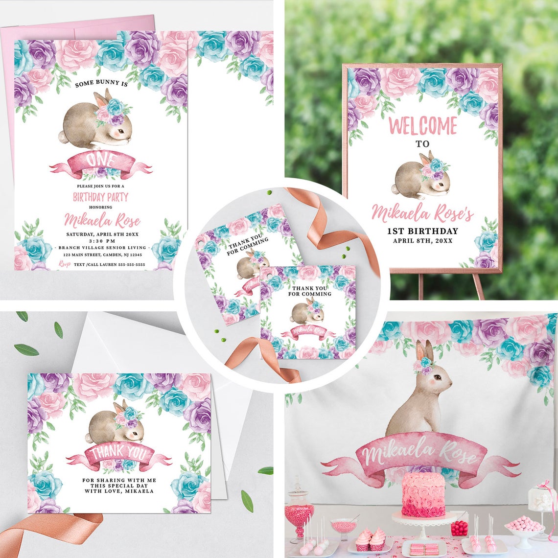 Bunny First Birthday Invitation, Bunny 1st Birthday, Floral Pink Invite, Spring Parties, Some Bunny is ONE, Printed, Elegant Floral Garland easter