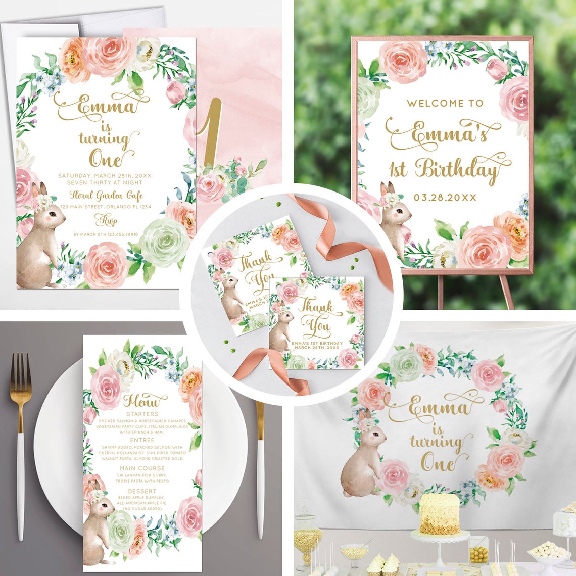 Menu Card 9.25 x 4 Printed Menu Easter Bunny Menu, Spring Parties, Floral Bunny Menu, This bunny is one decoration, Floral Bunny Decor, Eater Bunny Decor