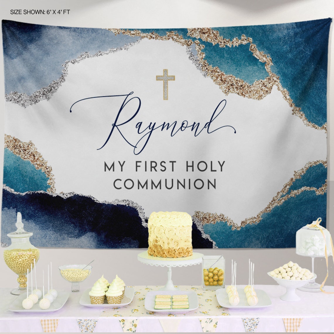 First Communion Banner Personalized, Blue Geode Backdrop Navy and Gold, Navy Blue First Communion Photo Backdrop, More Colors available