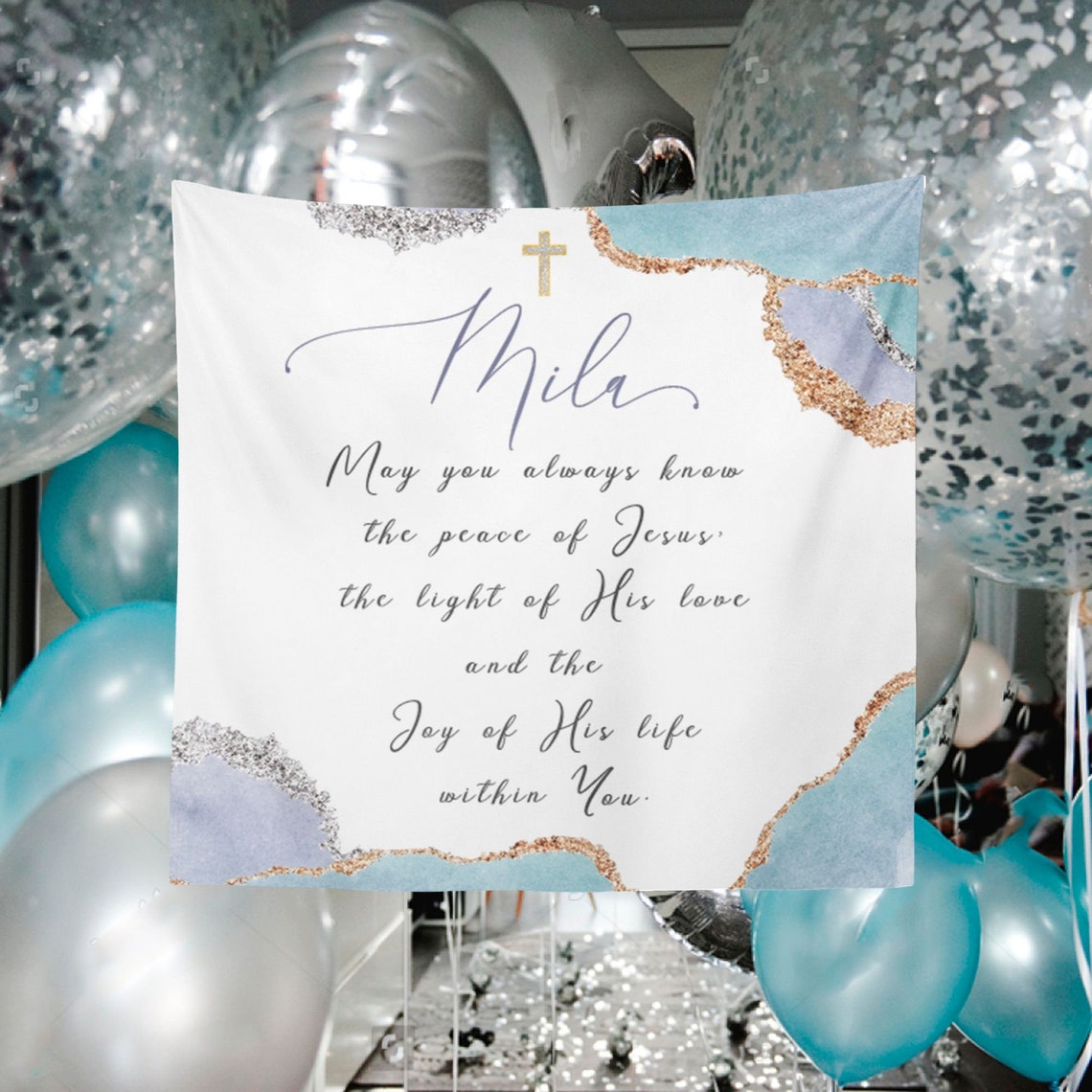 First Communion Banner Personalized, Lilac Geode Backdrop Lilac and Gold, Lilac First Communion Photo Backdrop, Colors available BFC0019