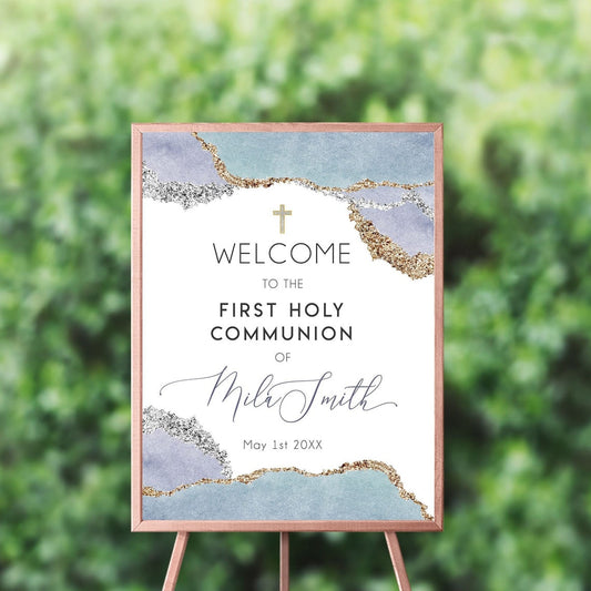 First Communion Welcome Sign Personalized | Lilac Geode Sign Lilac and Gold | Lilac First Communion Board {Geode Collection} SWFC002