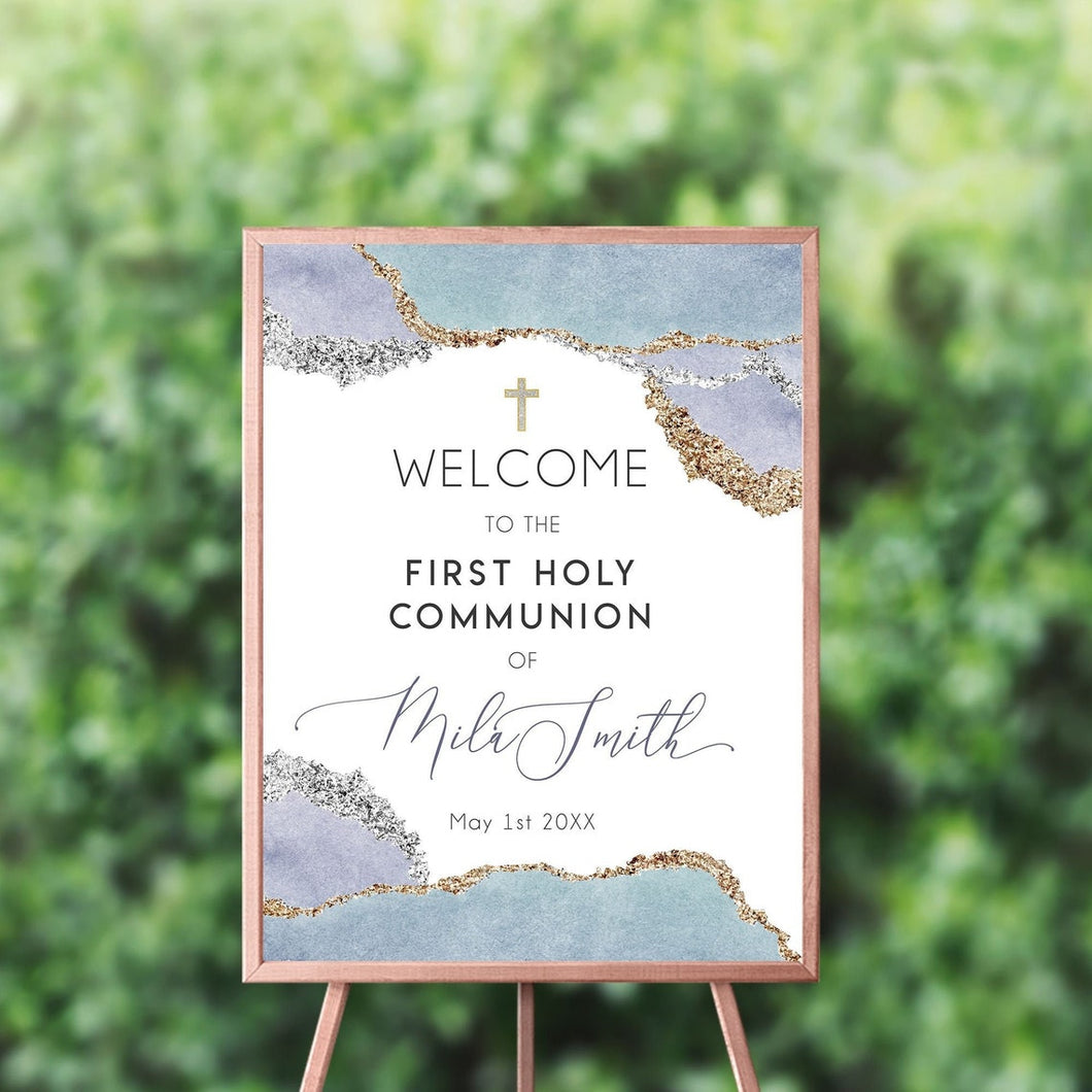 First Communion Welcome Sign Personalized | Lilac Geode Sign Lilac and Gold | Lilac First Communion Board {Geode Collection} SWFC002
