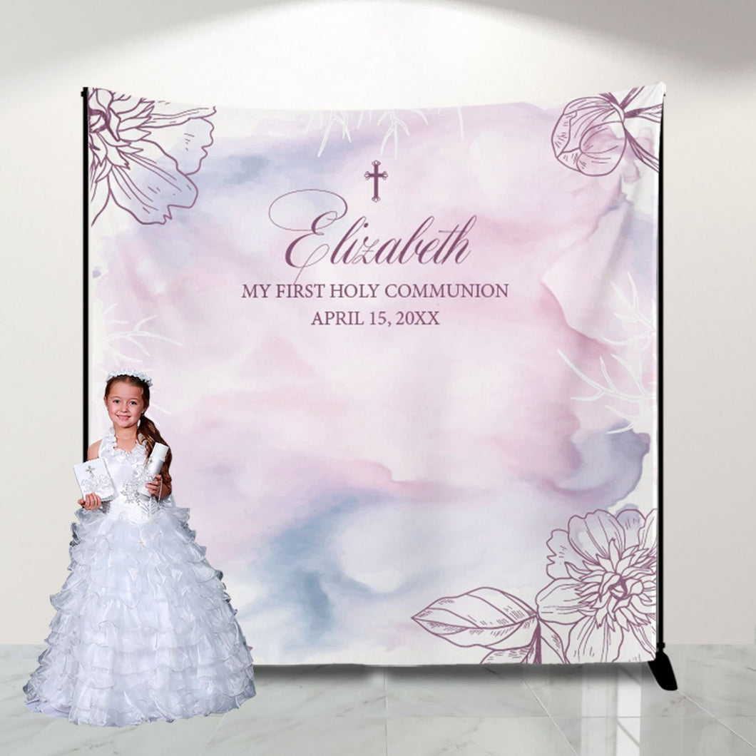 First Communion Banner Personalized, Floral Lavender Watercolor Backdrop, Floral Lavender First Communion Photo Backdrop, Religious Backdrop