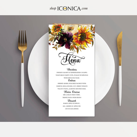 Sunflower Menu Card 9.25 x 4 Printed Menus, Rustic Wedding Menu Card Burgundy and Sunflowers Bridal shower Menu Engagement Party Menus