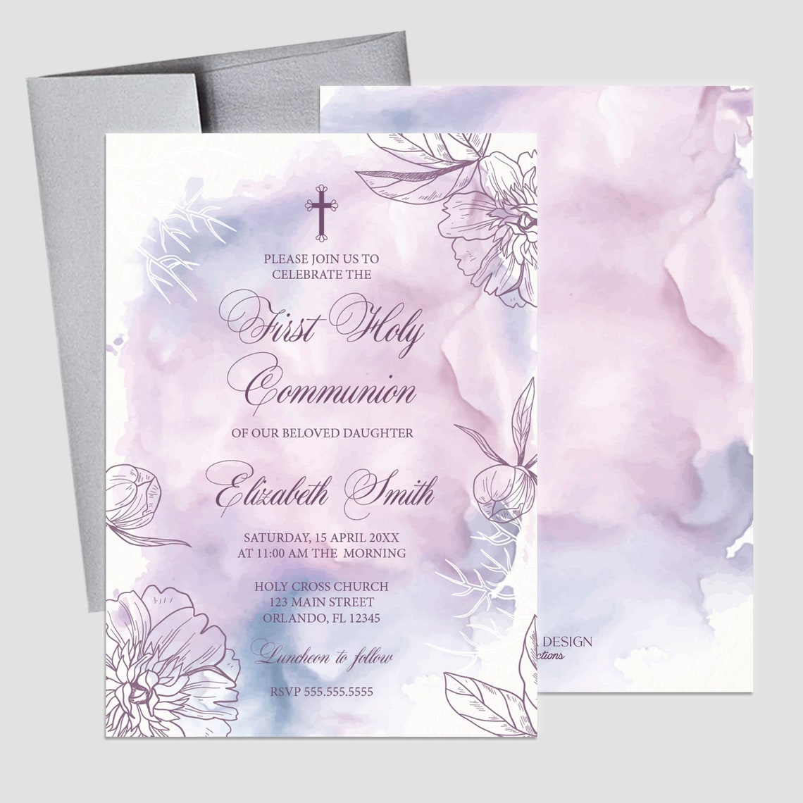 First Communion Banner Personalized, Floral Lavender Watercolor Backdrop, Floral Lavender First Communion Photo Backdrop, Religious Backdrop