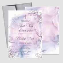 Load image into Gallery viewer, First Communion Banner Personalized, Floral Lavender Watercolor Backdrop, Floral Lavender First Communion Photo Backdrop, Religious Backdrop
