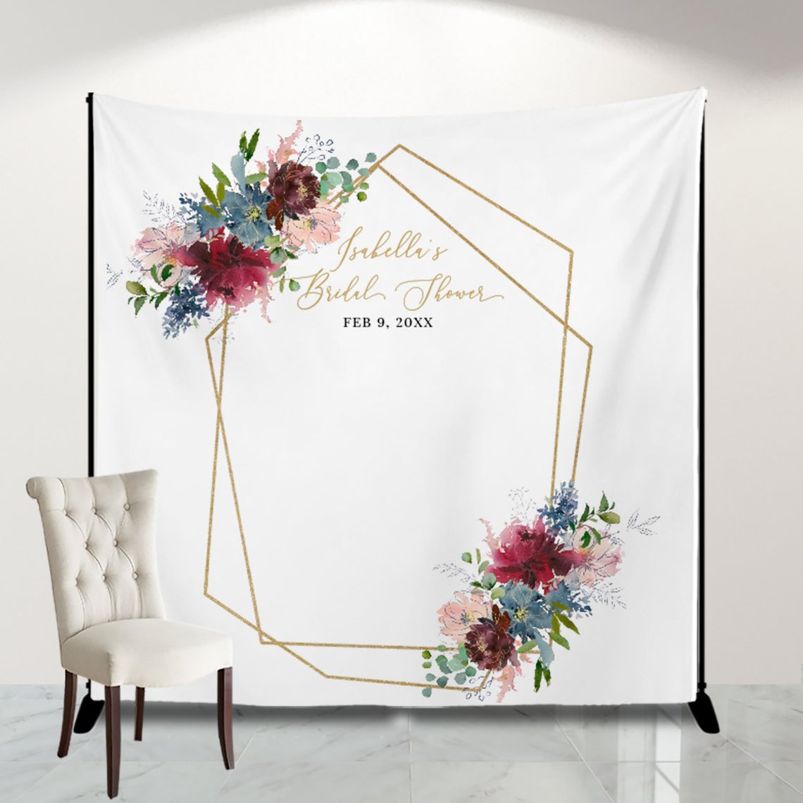 Bridal Shower Backdrop for reception Burgundy and Dusty Blue Floral Design Bridal Banner Personalized Photo backdrop, Dusty Blue Banner