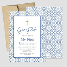 Load image into Gallery viewer, First Communion Invitation Boy or Girl Blue Tile Modern Invitations, Toscana Style Invitation,Any Religious Event
