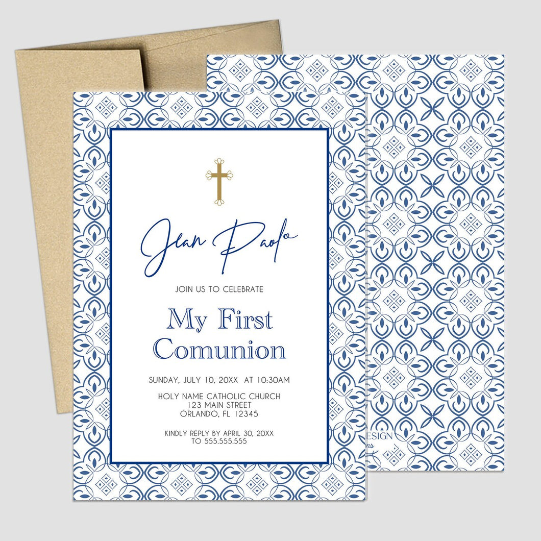 First Communion Invitation Boy or Girl Blue Tile Modern Invitations, Toscana Style Invitation,Any Religious Event