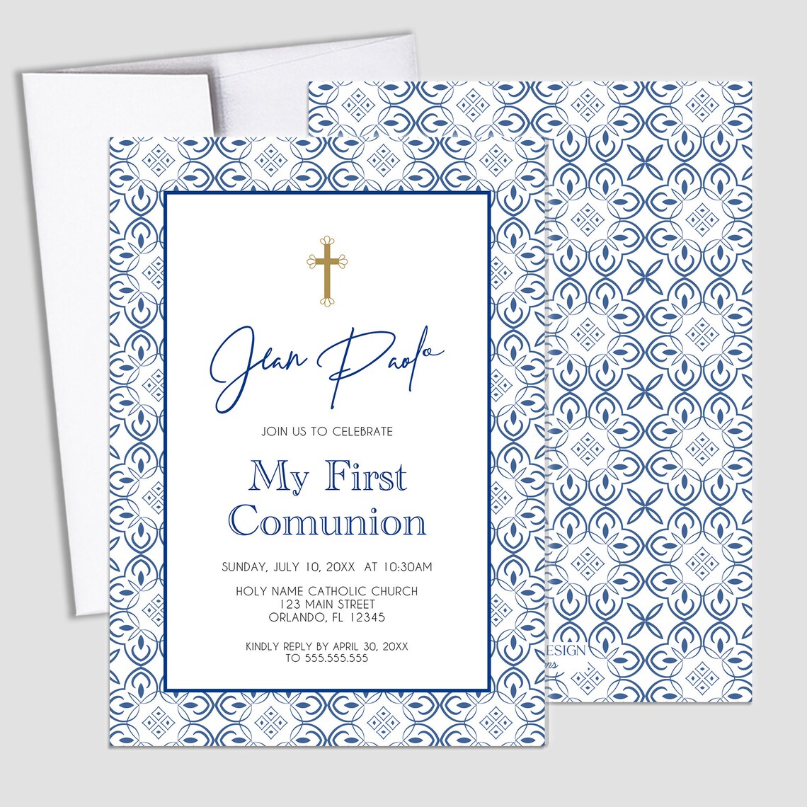 Baptism Invitation Boy or Girl Blue Tile Modern Invitations, Toscana Style Invitation,Any Religious Event