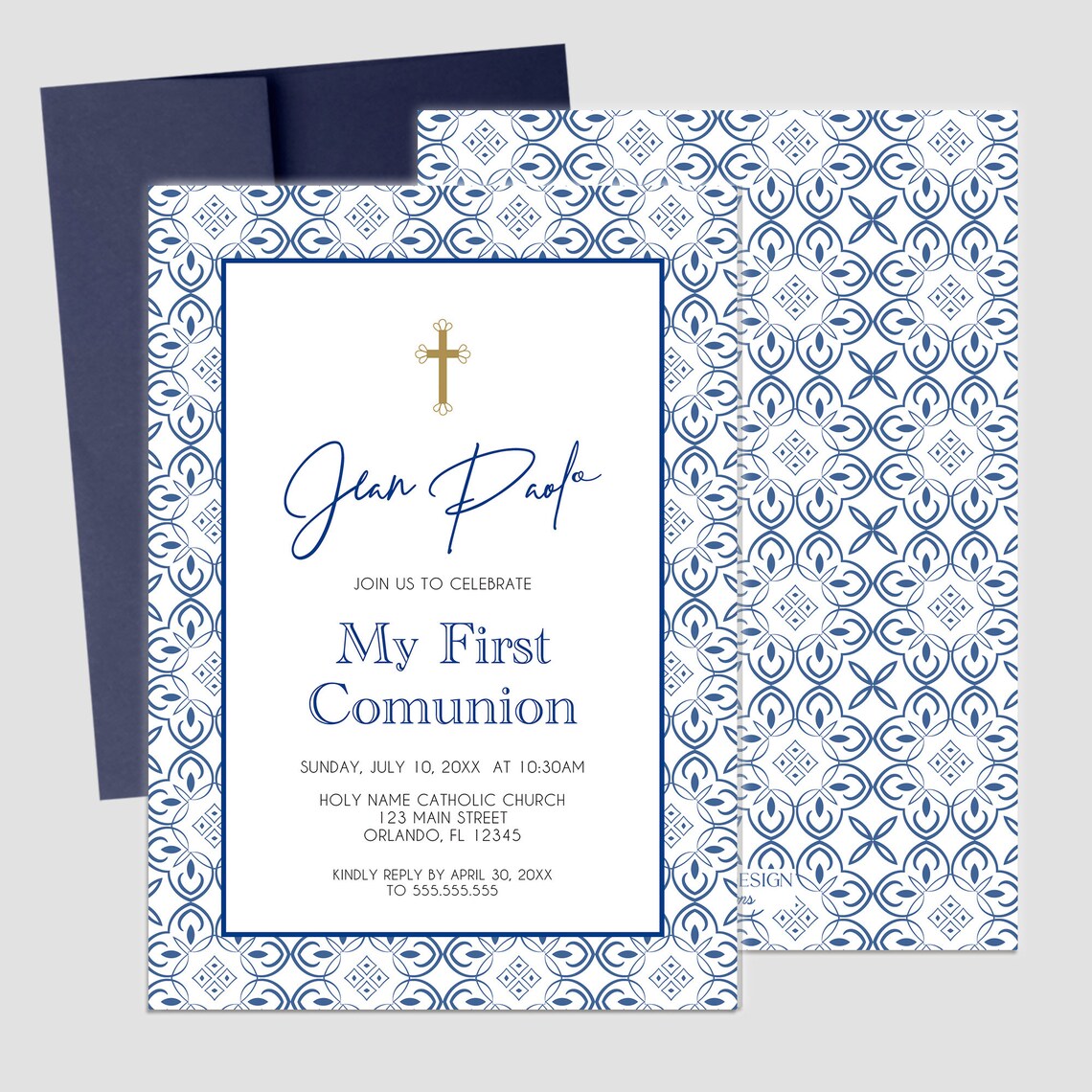 First Communion Invitation Boy or Girl Blue Tile Modern Invitations, Toscana Style Invitation,Any Religious Event