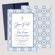 Load image into Gallery viewer, First Communion Invitation Boy or Girl Blue Tile Modern Invitations, Toscana Style Invitation,Any Religious Event

