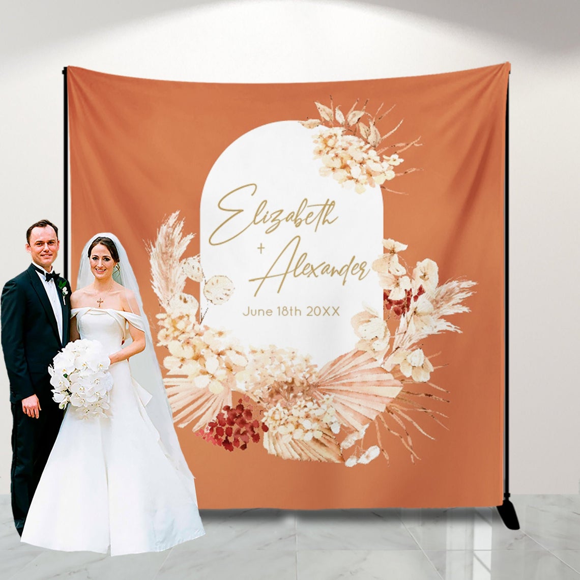 Terracotta Wedding Decor Boho Photo Backdrop for reception Pampas Photo backdrop Personalized,Boho Chic Banner Dried Flowers Banner Decor