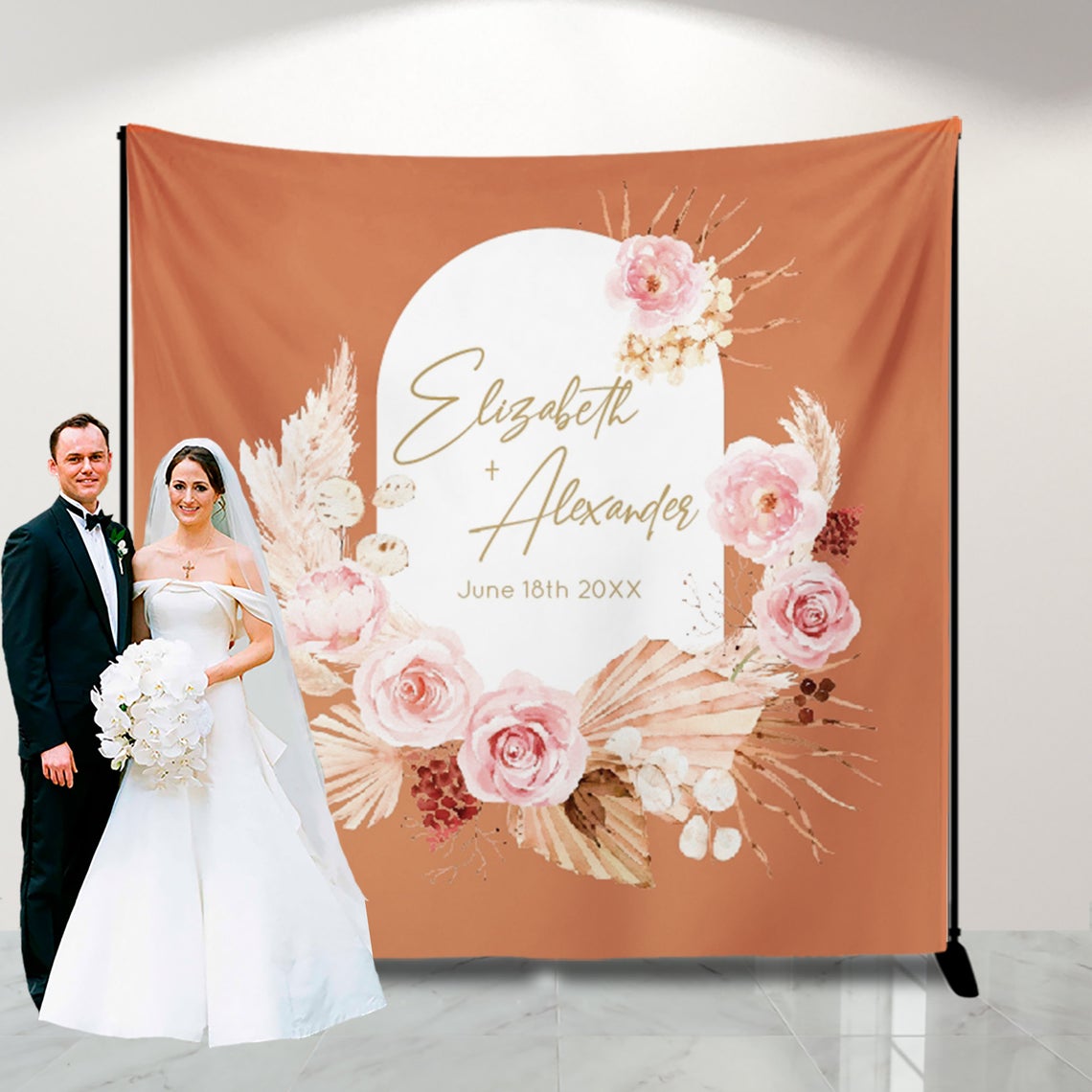Terracotta Wedding Decor Boho Photo Backdrop for reception Pampas Photo backdrop Personalized,Boho Chic Banner Dried Flowers Banner Decor