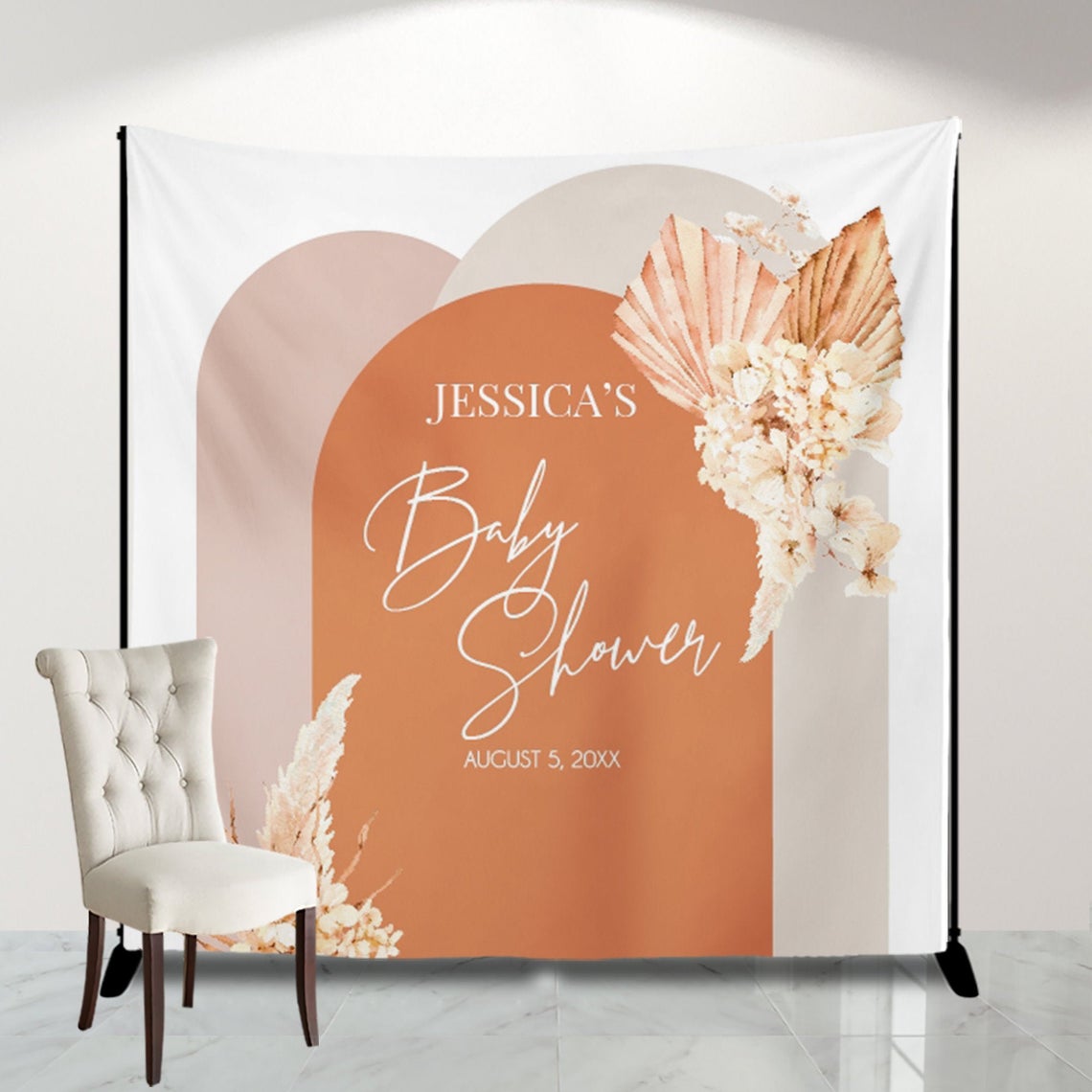 Terracotta Baby Shower Photo Backdrop for reception Pampas Photo backdrop Personalized,Boho Banner Dried Flowers Banner Decorations