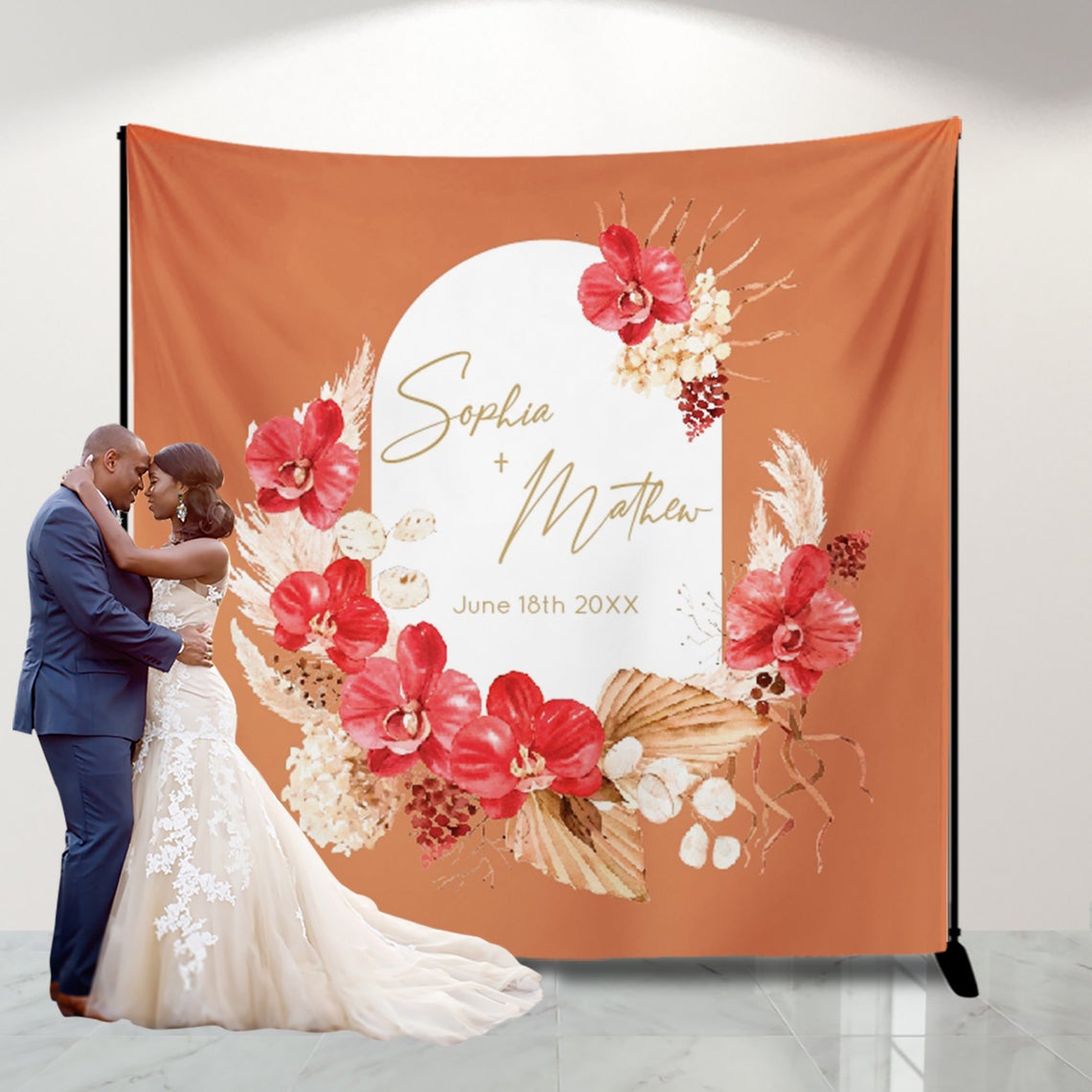 Terracotta Wedding Decor Boho Photo Backdrop for reception Pampas Photo backdrop Personalized,Boho Chic Banner Dried Flowers Banner Decor