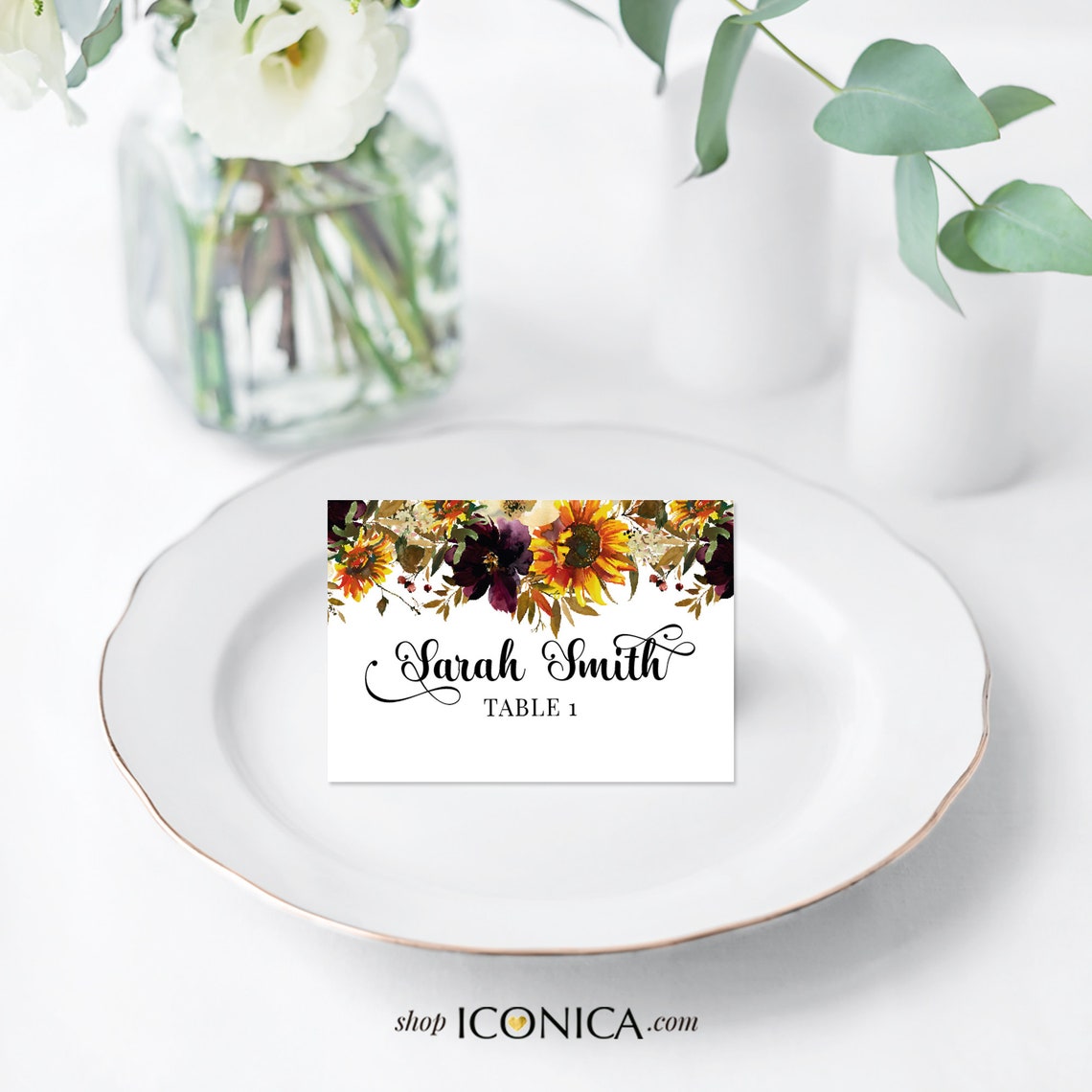 Sunflowers Wedding Place Cards Printed, Fall Party Place Cards, Fall Engagement Party, Printed Tent Cards 3.5x2 in - Burgundy and SunFlowers
