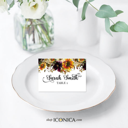 Sunflowers Wedding Place Cards Printed, Fall Party Place Cards, Fall Engagement Party, Printed Tent Cards 3.5x2 in - Burgundy and SunFlowers