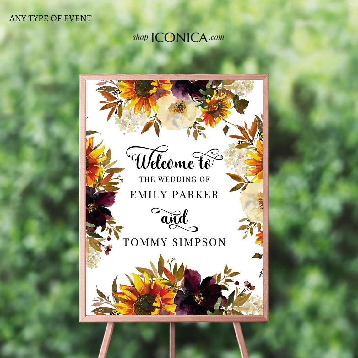 Sunflower Menu Card 9.25 x 4 Printed Menus, Rustic Wedding Menu Card Burgundy and Sunflowers Bridal shower Menu Engagement Party Menus