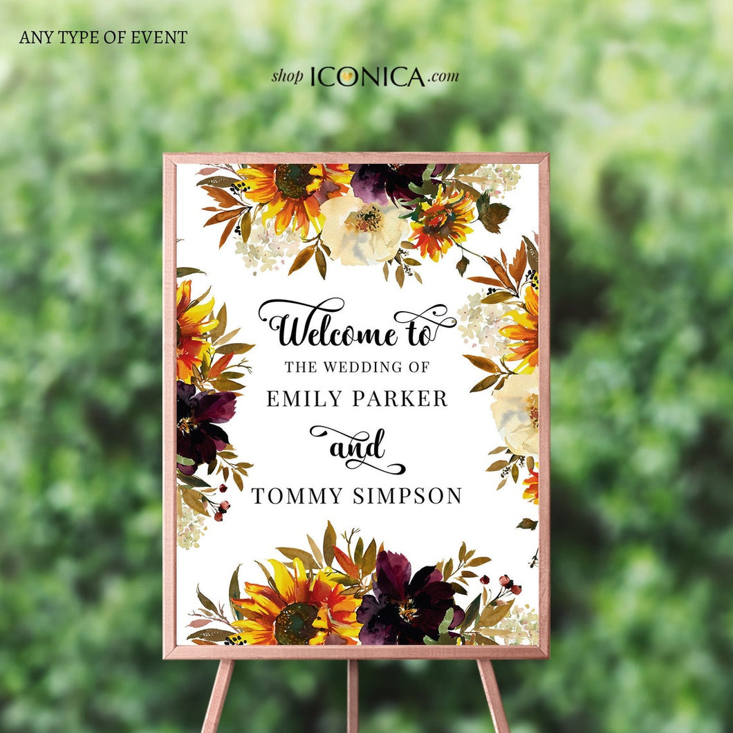 Sunflower Wedding Sign Printed, Burgandy and Sunflowers Welcome Sign Personalized, Rustic Sunflowers Welcome Sign