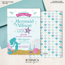 Load image into Gallery viewer, Mermaid Birthday Party Invitation - Mermaid 1st Birthday Party or any age, Aqua Purple mermaid invitation, Printed or Printable File IBD0045
