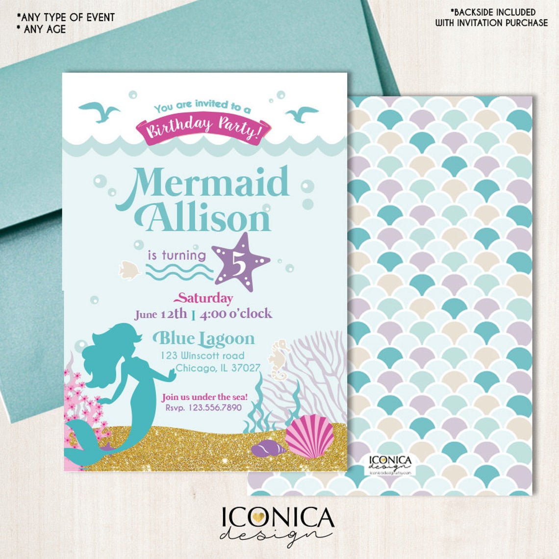 Mermaid Birthday Party Invitation - Mermaid 1st Birthday Party or any – Iconica Design for Free Printable Mermaid Birthday Party Invitations