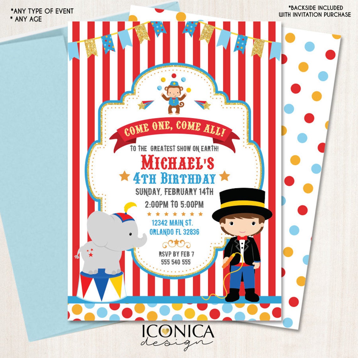 Carnival 1st Birthday Invitations or any age Circus Animals Birthday Invitation Big Top Circus Party Printed or Printable File IBD0020