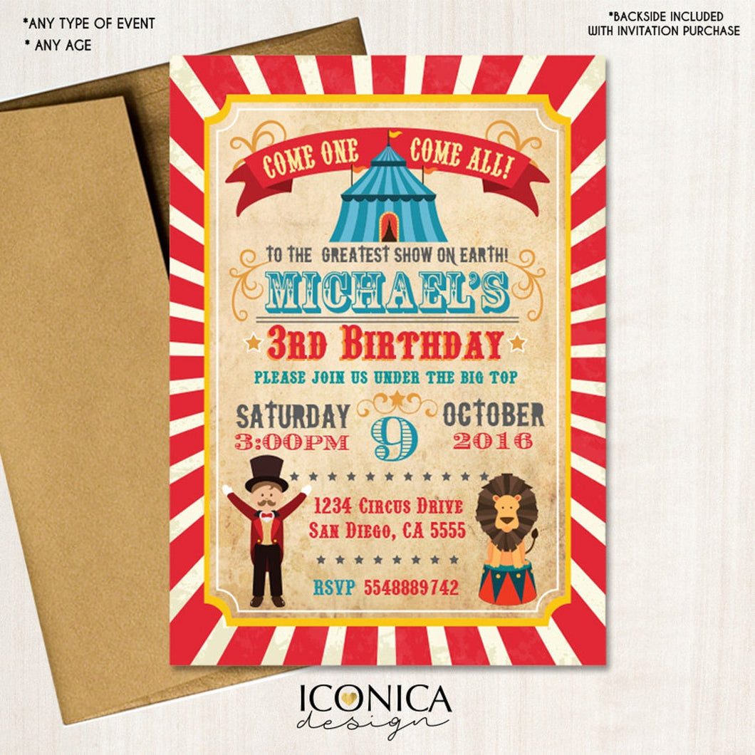 Circus Birthday Party Invitation - Vintage Carnival Birthday Invitation Circus Animals Under The Big Top - Printed Or Printable File Ibd0023