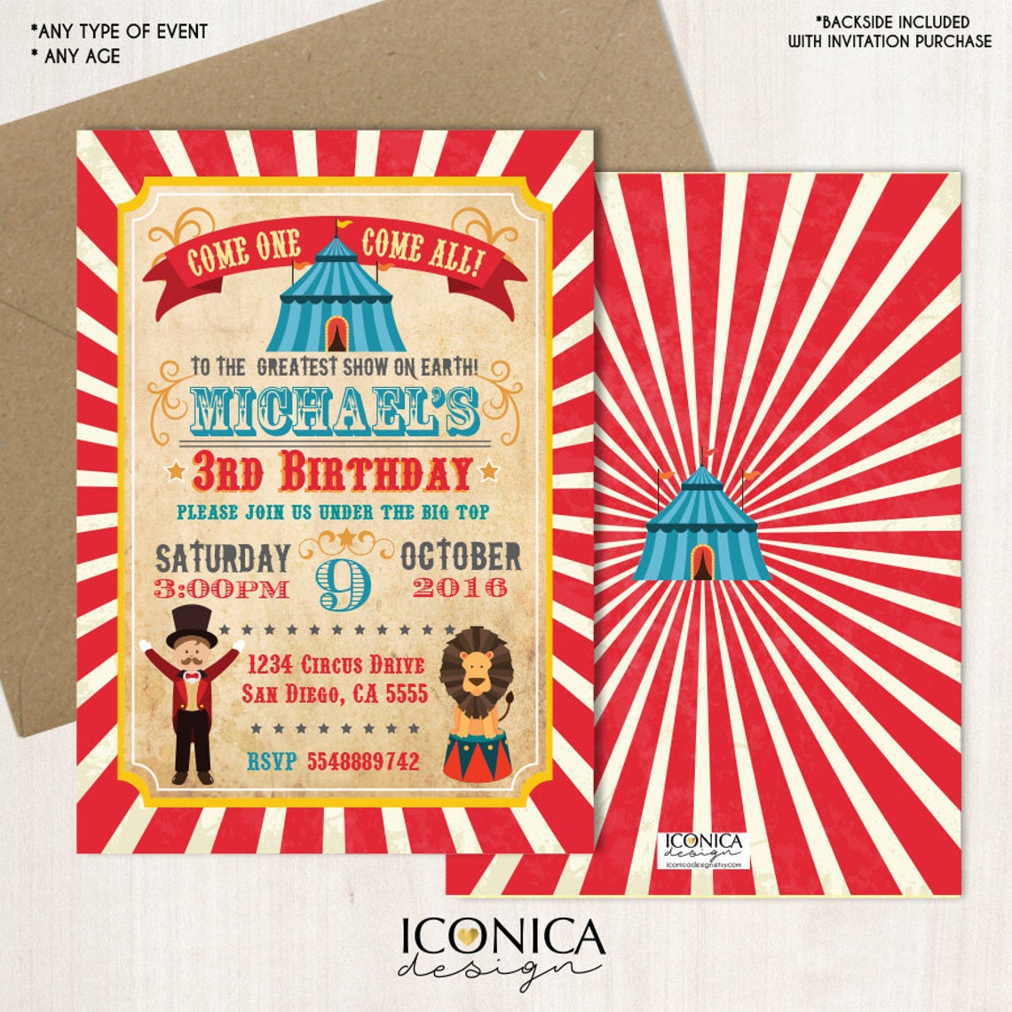 Circus Birthday Party Invitation - Vintage Carnival Birthday Invitation Circus Animals Under The Big Top - Printed Or Printable File Ibd0023