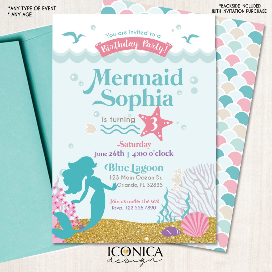 Mermaid Birthday Party Invitation - Under the Sea - Mermaid Summer parties Aqua Pink mermaid invitation | Printed or Printable File
